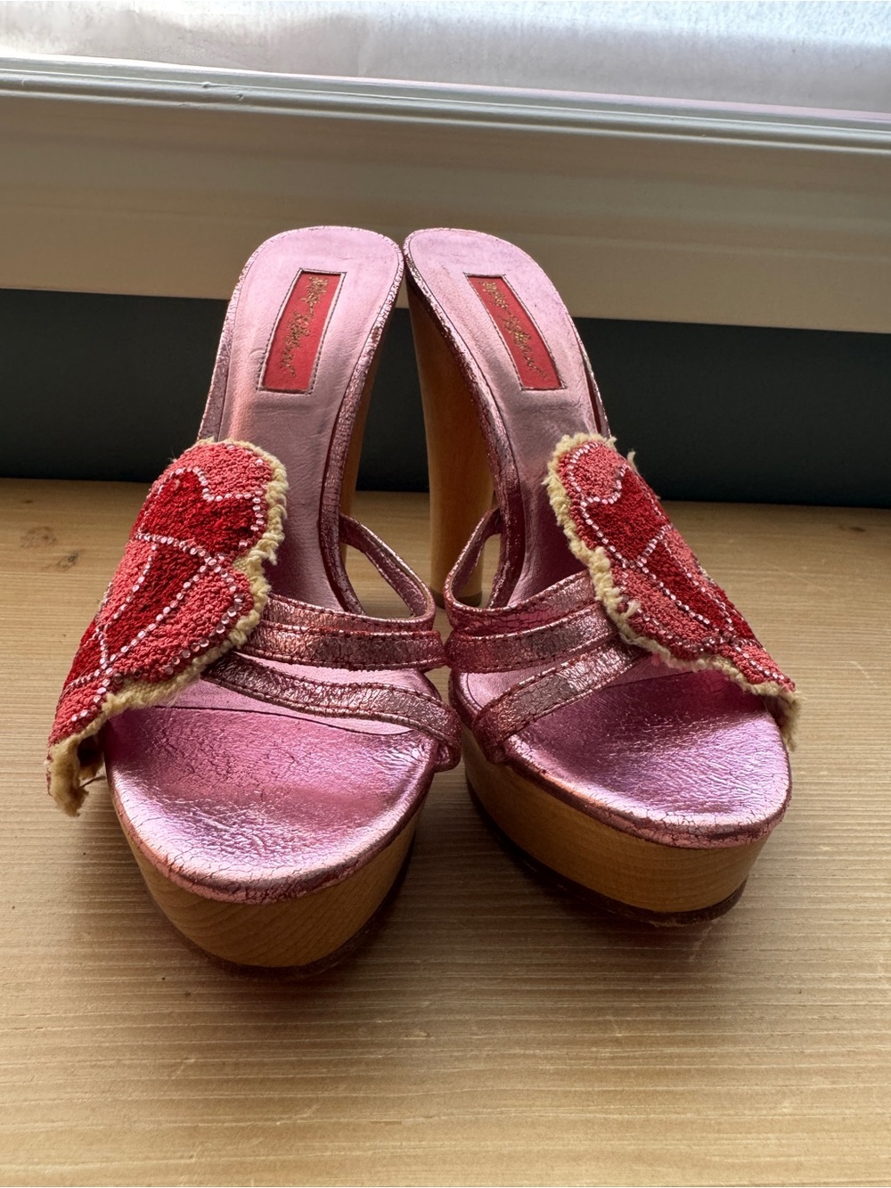 Betsey Johnson Metallic Pink Platform Mules with Red Beaded Heart